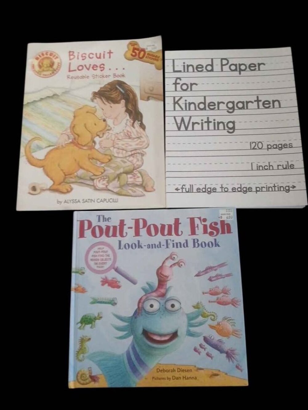 Biscuit Loves Sticker Book, The Pout-Pout Fish Look-and-Find Book, and Kindergar
